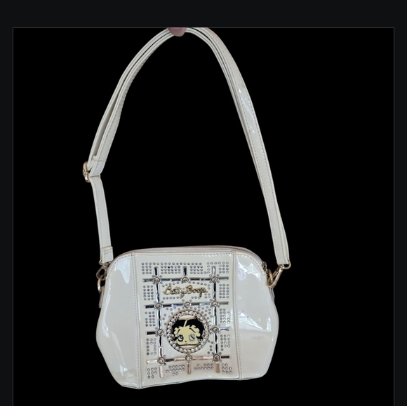 Betty Boop Shoulder Strap Bag Patent Faux Leather Rhinestone Crystal Zip Studded - Picture 1 of 14